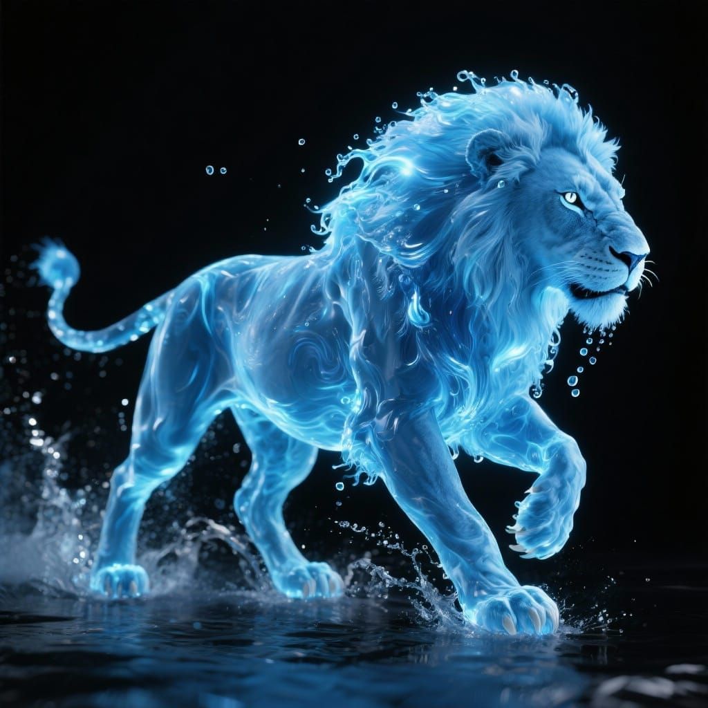 Blue Water Lion Galloping in Void