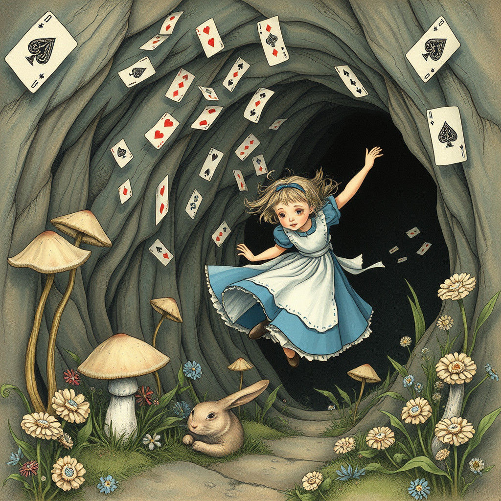 Alice Falling: A Whimsical Watercolor Illustration