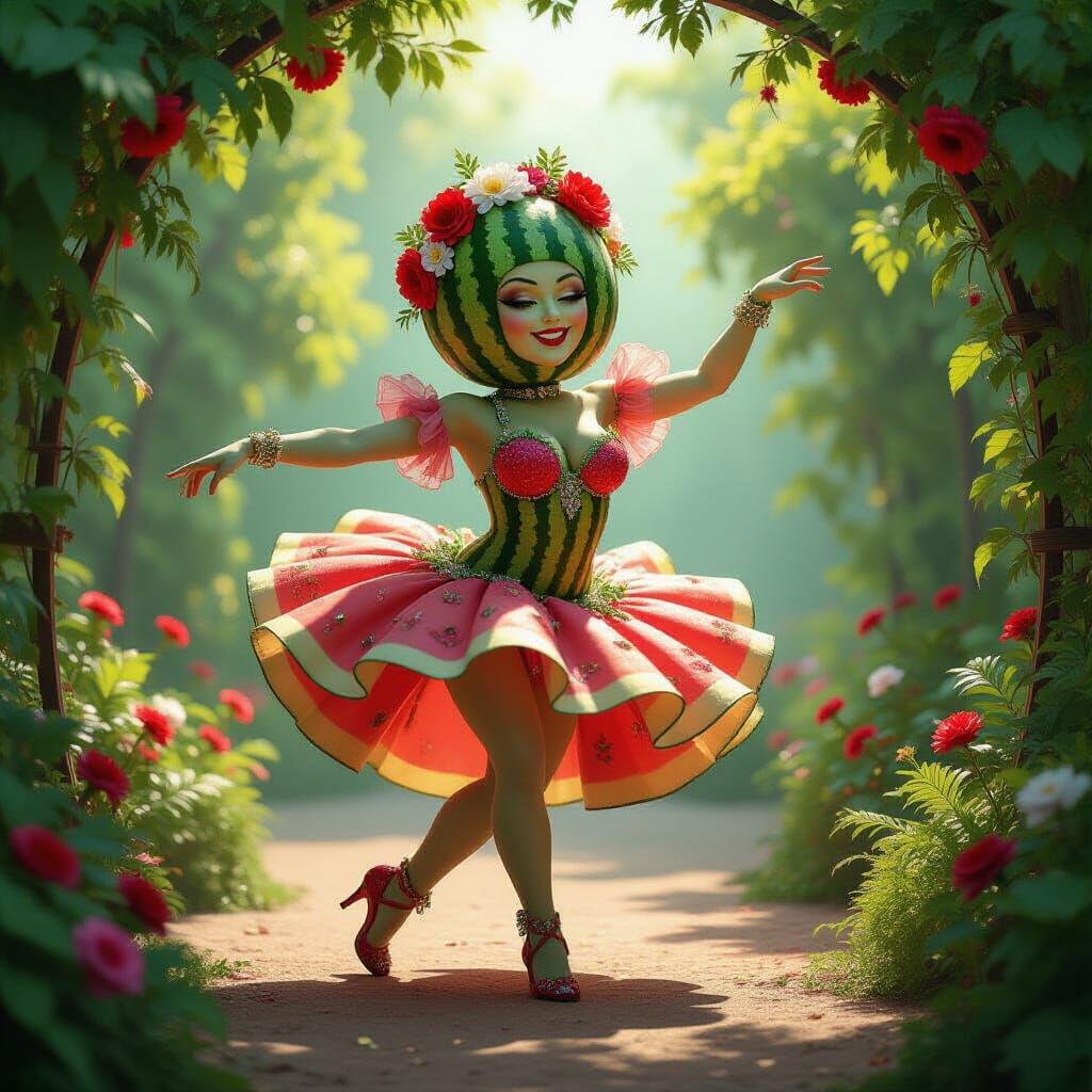 Watermelon Golem Showgirl in Surrealist Garden