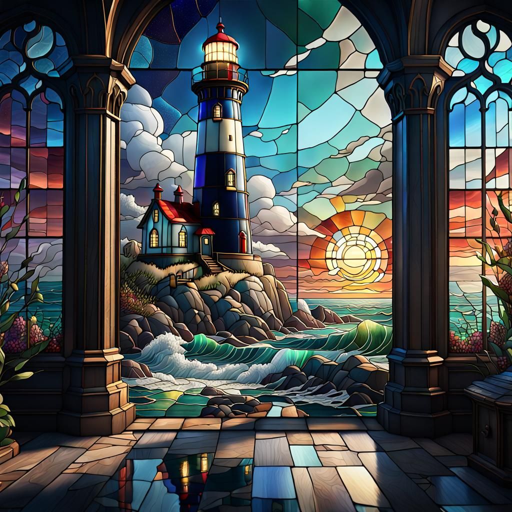 Stained Glass Lighthouse: Detailed Matte Painting