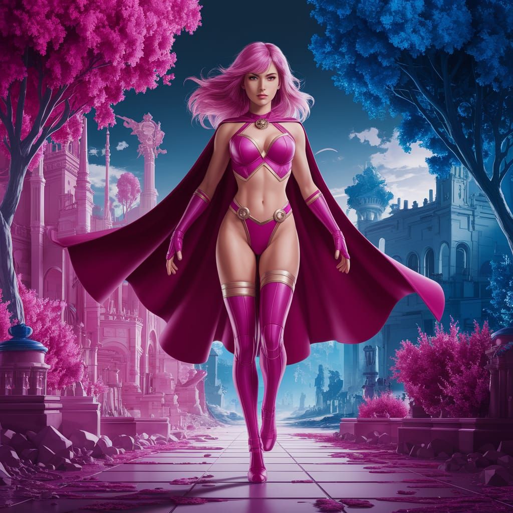 Pink Haired Superheroine in Vibrant Fantasy World