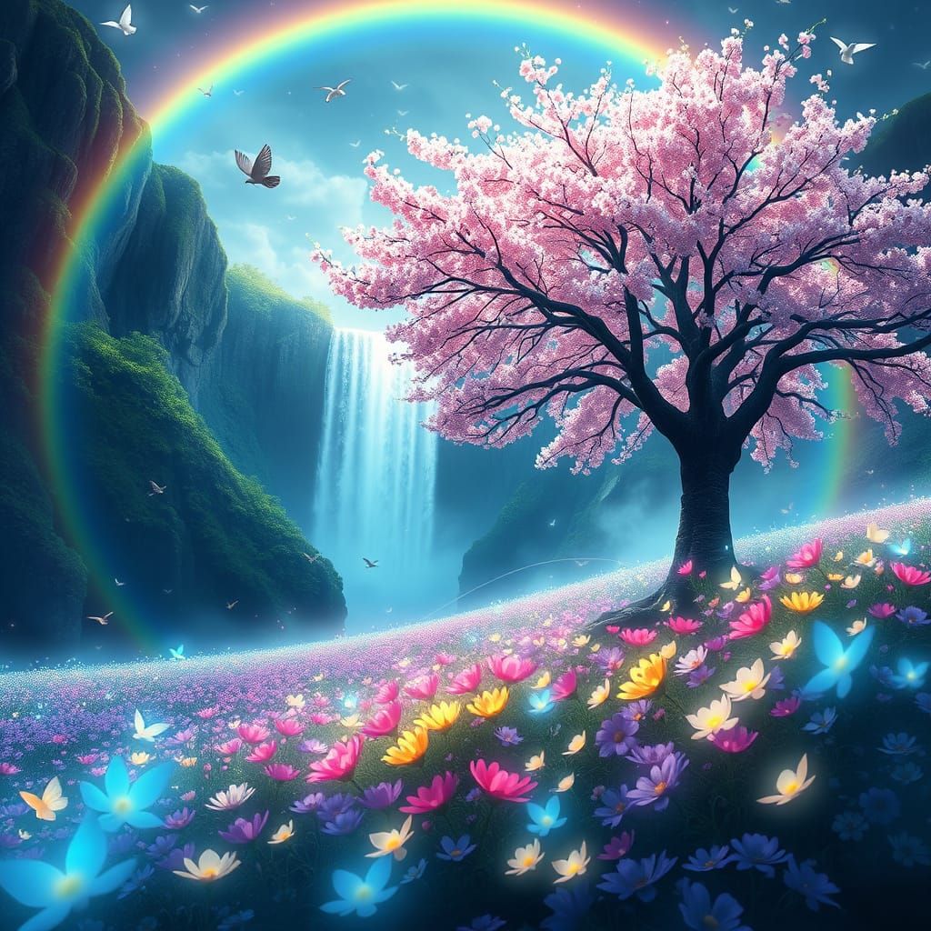 Bioluminescent Anime Flower Field with Rainbow