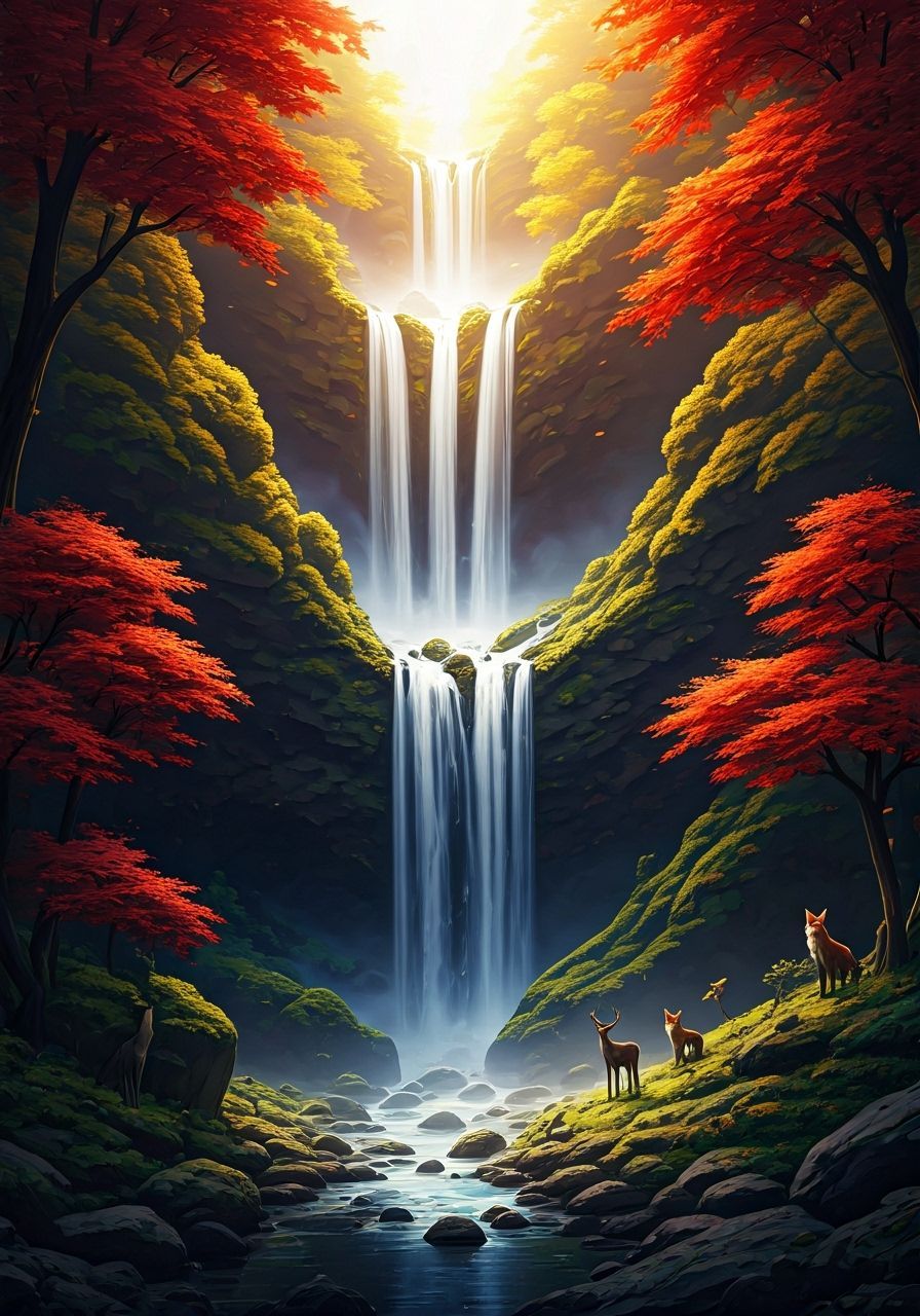 Majestic Autumn Waterfall with Wildlife in Concept Art Style