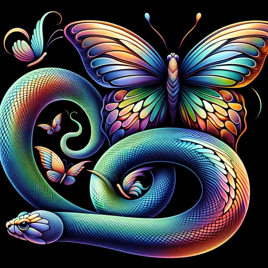 A snake and a butterfly in the style of art nouveau