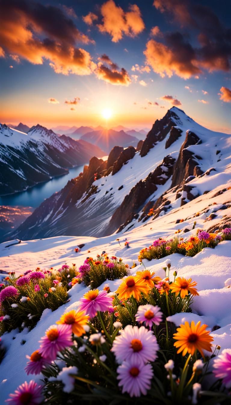 Mountain Flowers and Snow at Sunset
