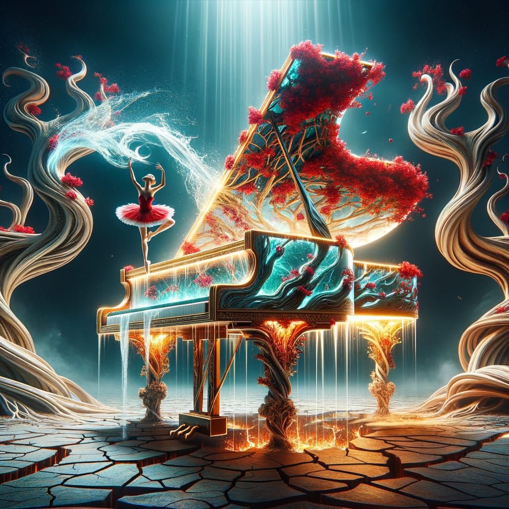 Surreal Grandeur: Broken Piano Transforms into Vibrant Oasis
