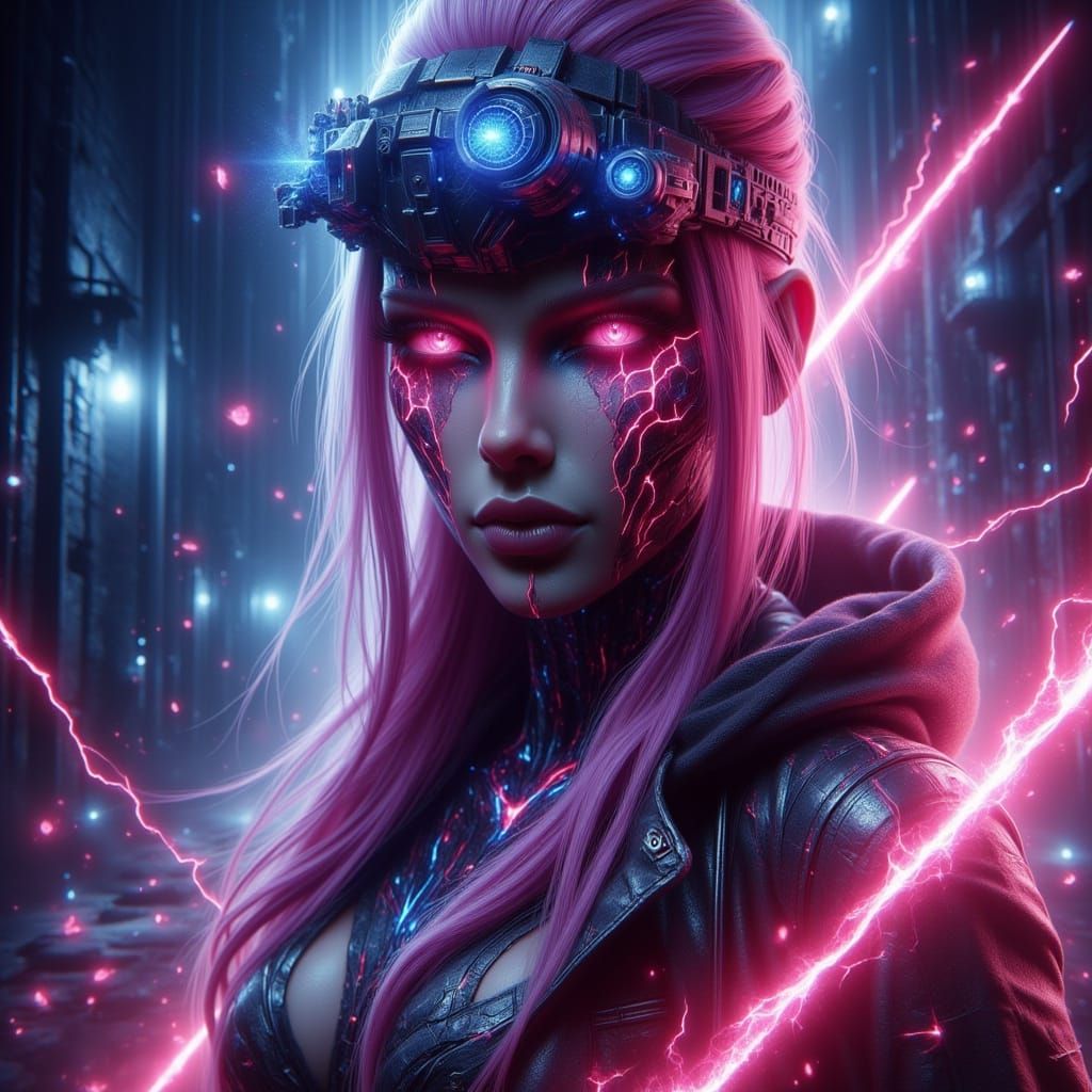Ethereal Warrior in Cyberpunk Attire