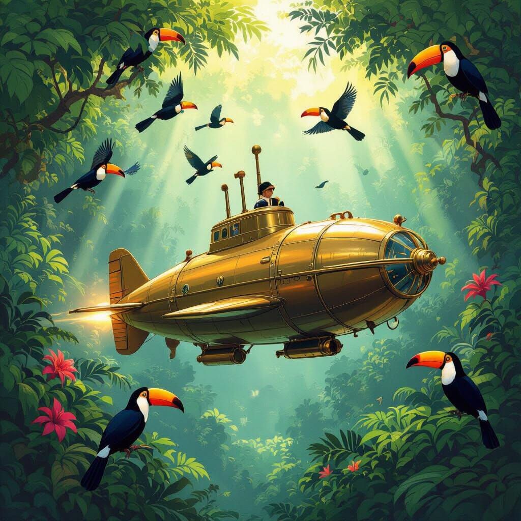 Vintage Submarine Flies Through Vibrant Jungle With Toucans