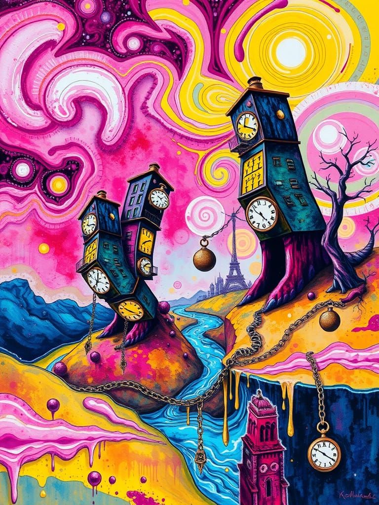 Surreal Landscape Alcohol Ink Painting with Wobbly Buildings