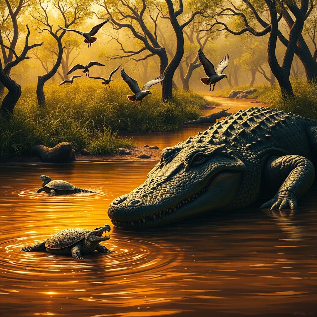 Crocodile Lurking Near Riverbank in Tonalist Style