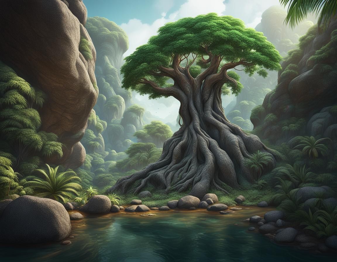 Tree Growing Between Rocks in Tropical Forest