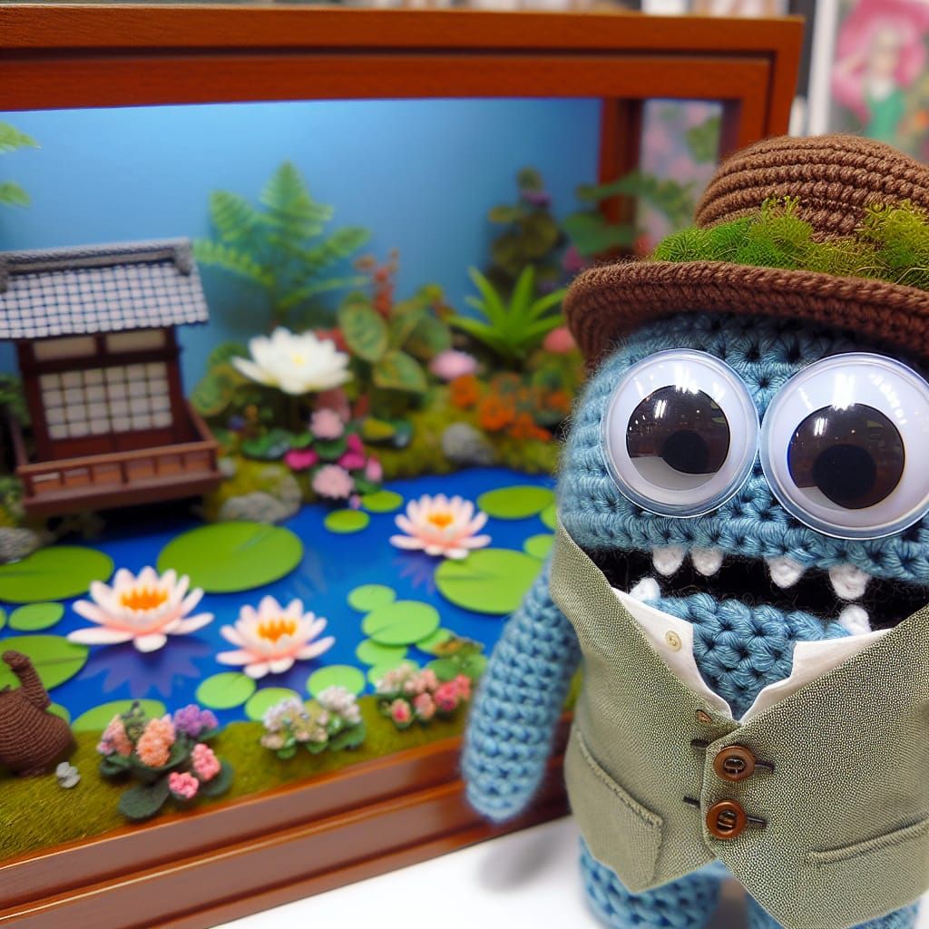 Crochet Monster with Googly Eyes Fishing at Lily Pond