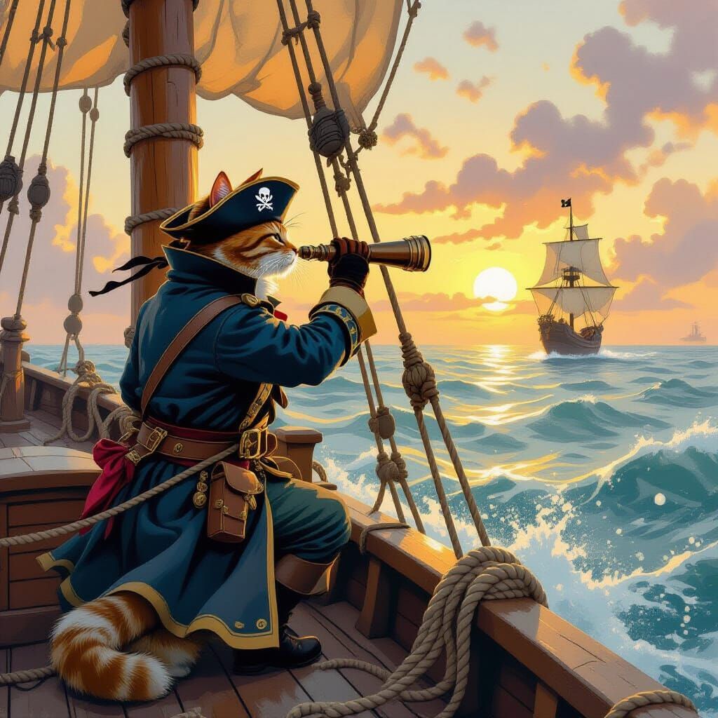 Cat Pirate on Misty Seas, Storybook Illustration Style