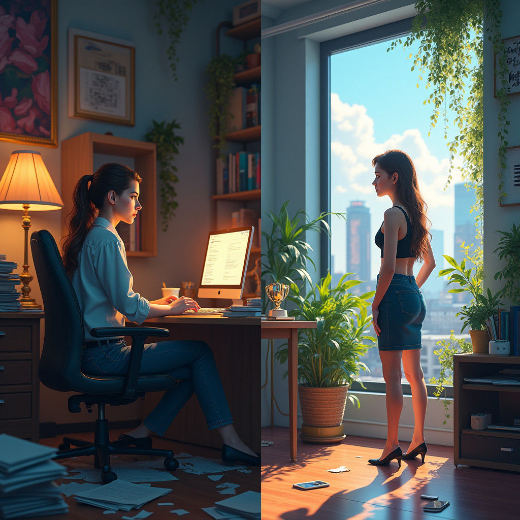 Woman's Split Screen: Startup Anxiety vs. Online Success