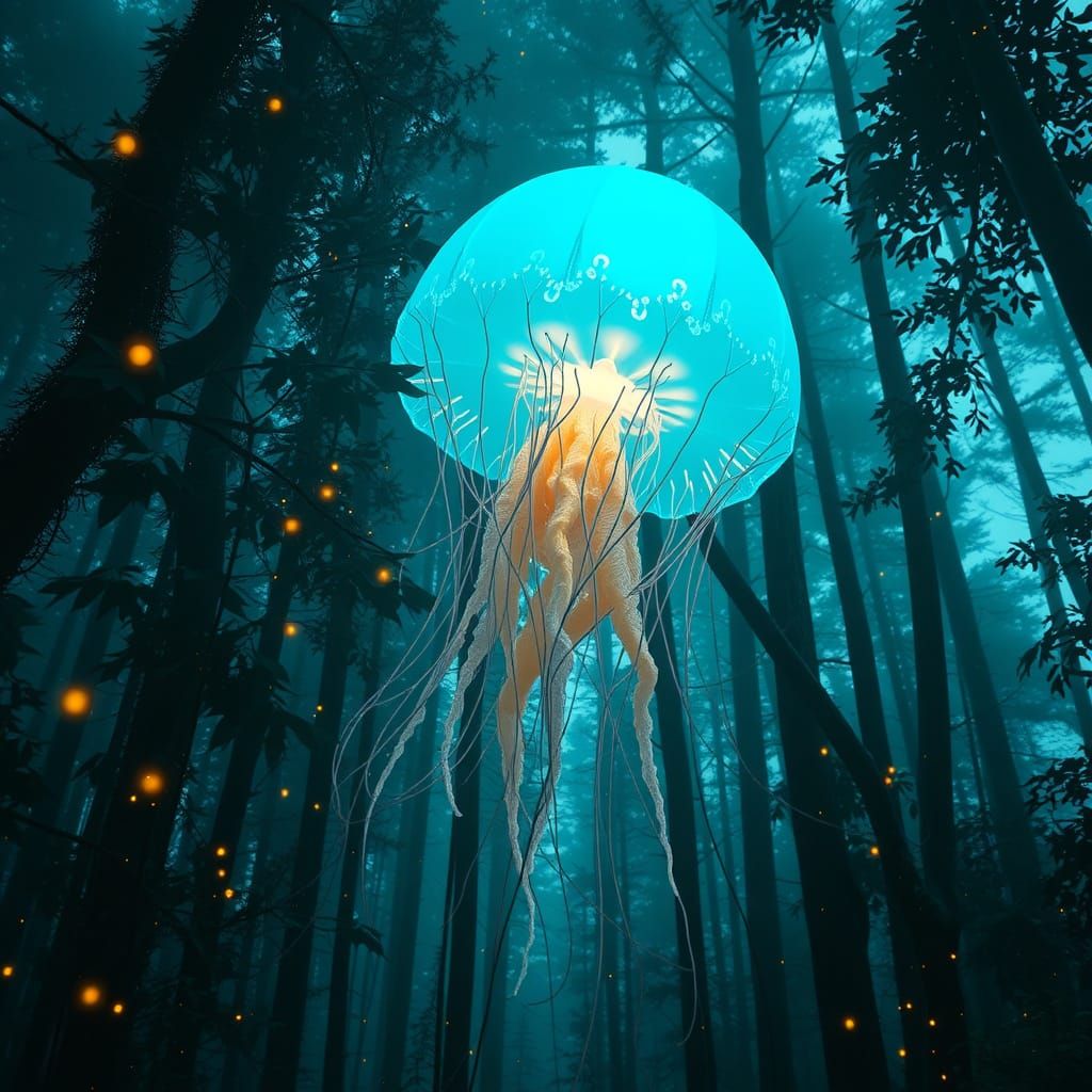 Bioluminescent Jellyfish Floats Through Fantasy Forest