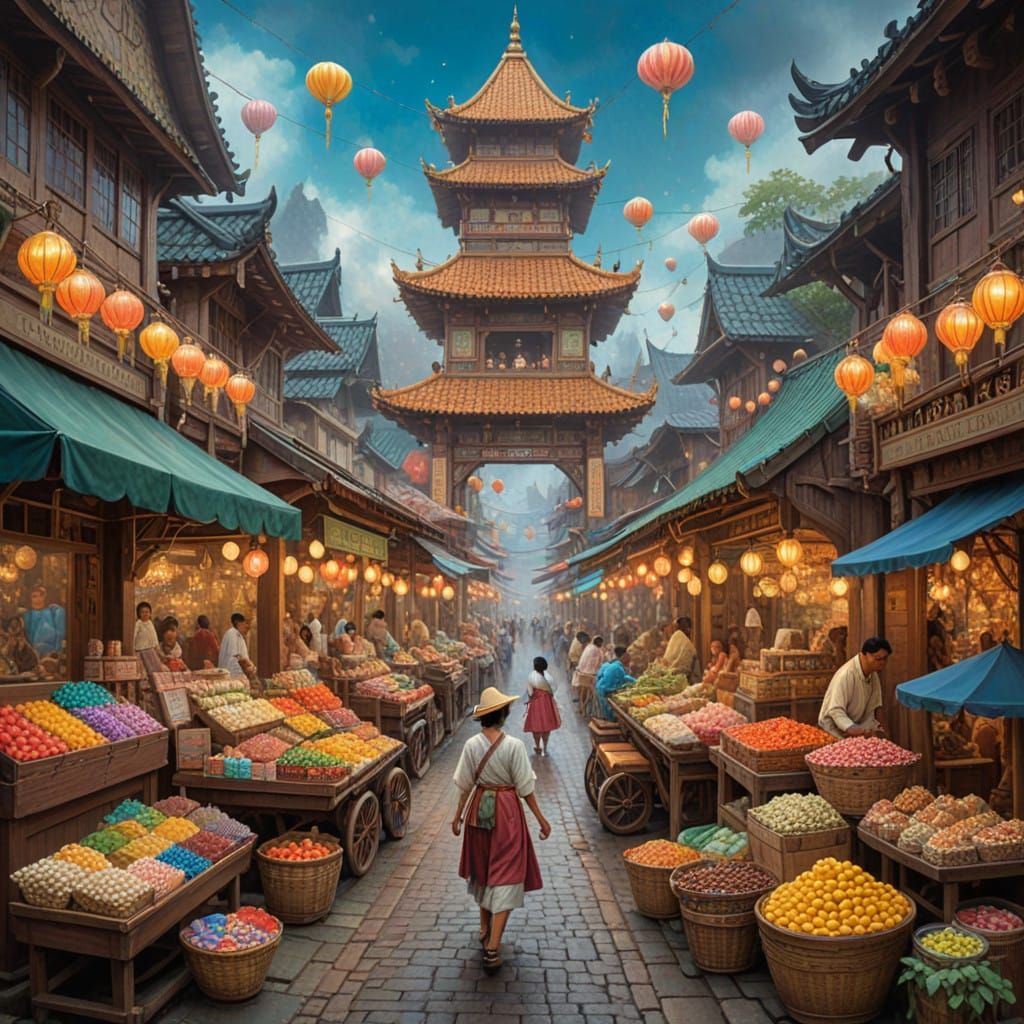 Whimsical Indonesian Market Scene in Dreamy, Mystical Style