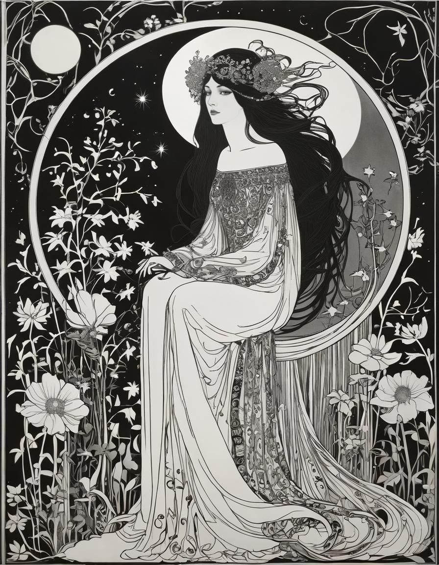 Moon Goddess in Aubrey Beardsley Style
