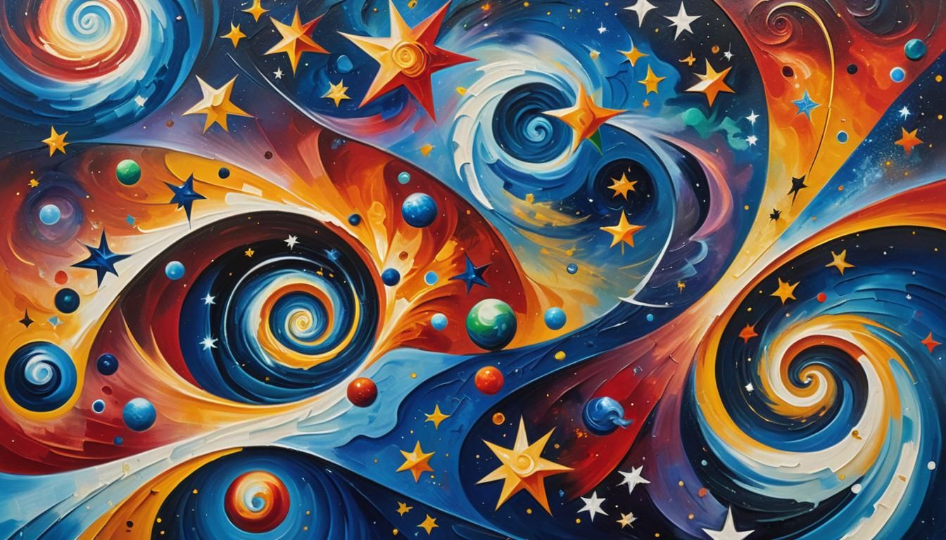 Magnetic Fractal Stars in Dreamlike Oil Painting