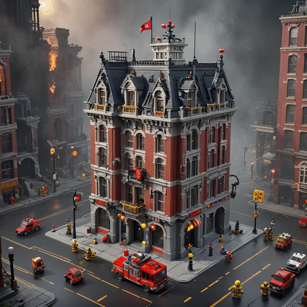 LEGO Ghostbuster Fire Station: Detailed Digital Painting