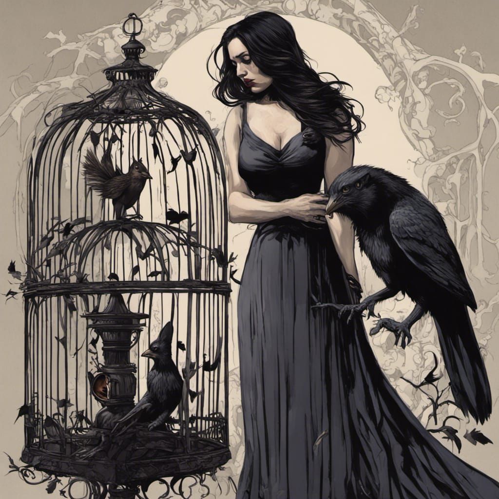 Gothic Birdcage Scene with Woman and Animals
