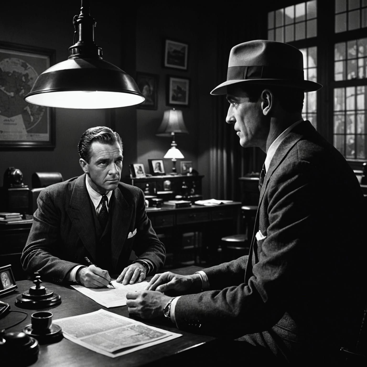 private detective, sitting at his desk talking with a his pa...