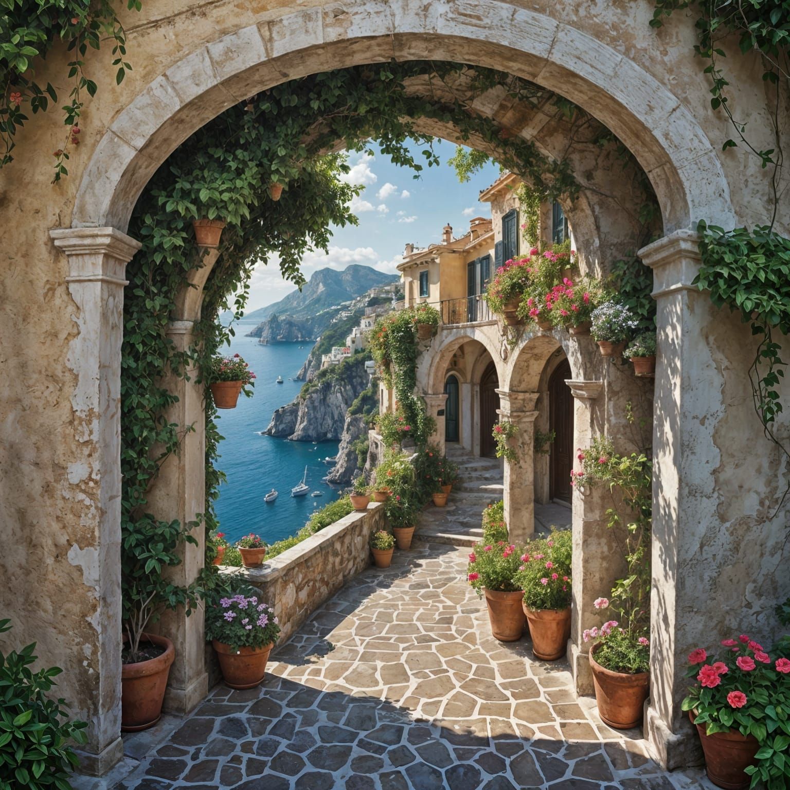 Italian Mediterranean Vista Through Archway: Fantasy Concept