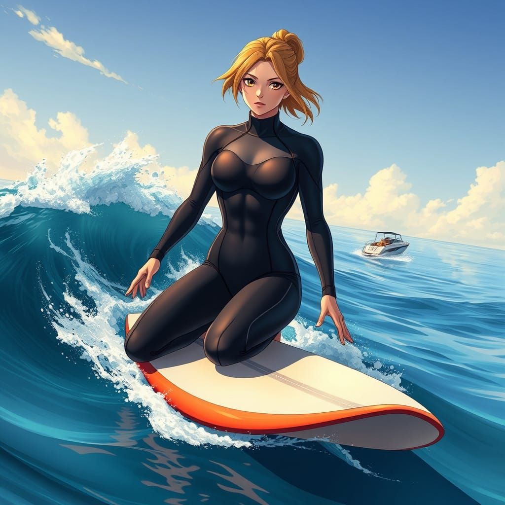 Giant Female Surfer, Soaring Across the Ocean in Studio Trig...