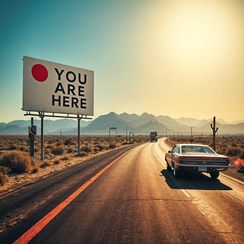 Surreal Roadside Billboard in a Desert Landscape with Classi...