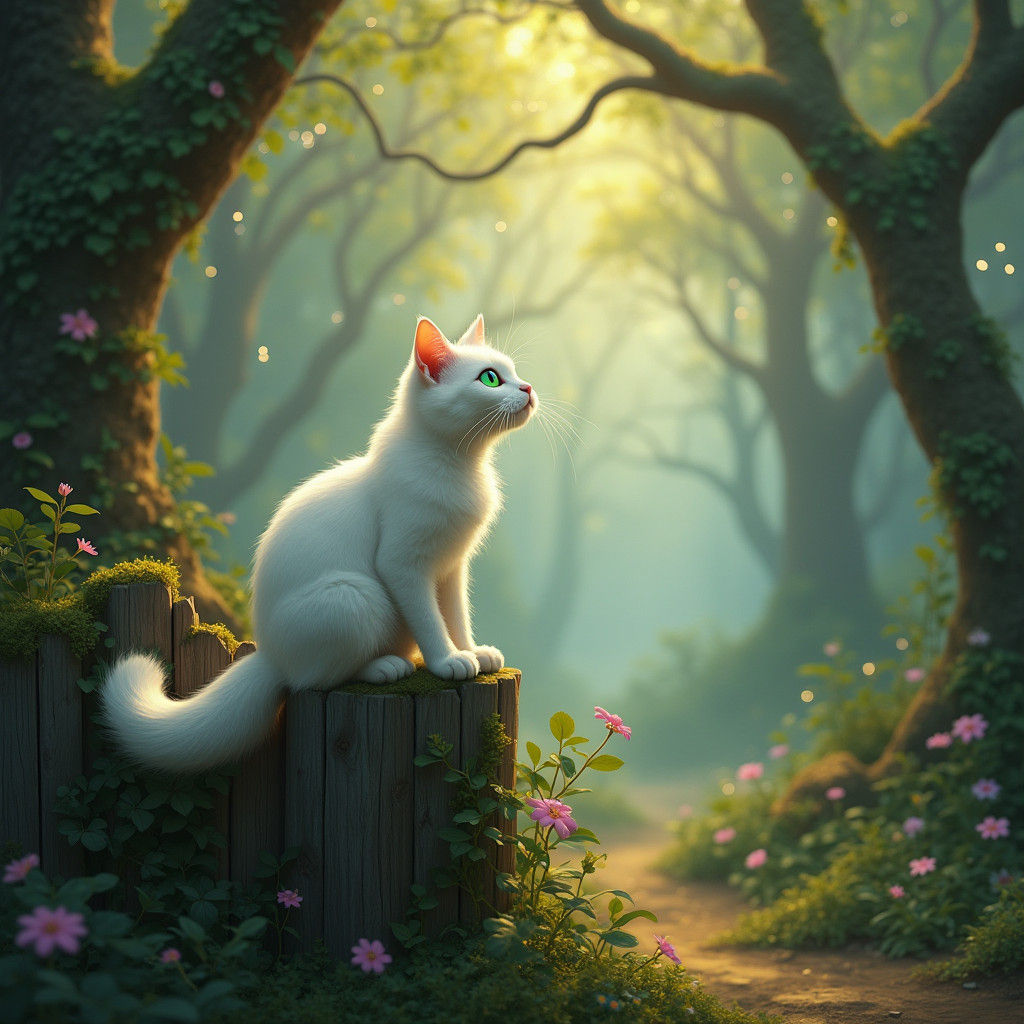 White Cat Gazing into Mystical Forest in Matte Painting Styl...