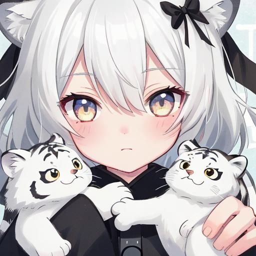 Girl with White Tiger in Anime Style
