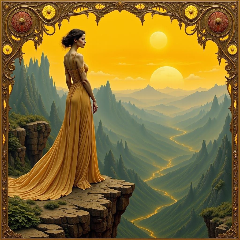 Woman on Cliff in Alphonse Mucha Art Nouveau Style