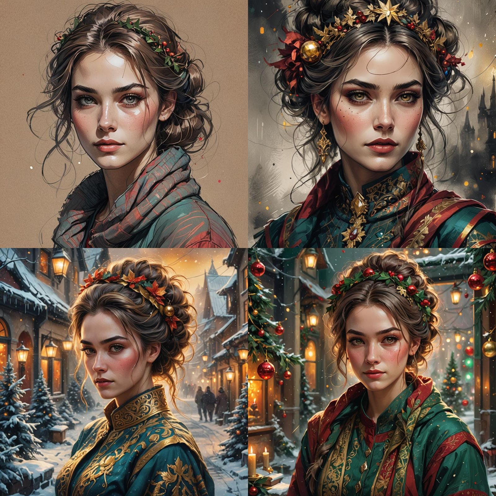 Pencil Sketch Portrait of Woman in Christmas Clothes