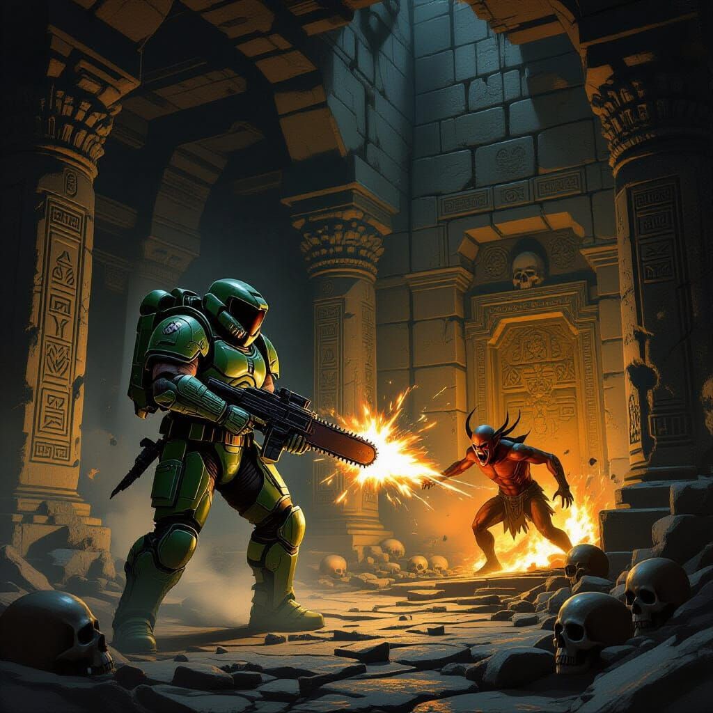 Doomguy Ready in Dimly Lit Stone Temple