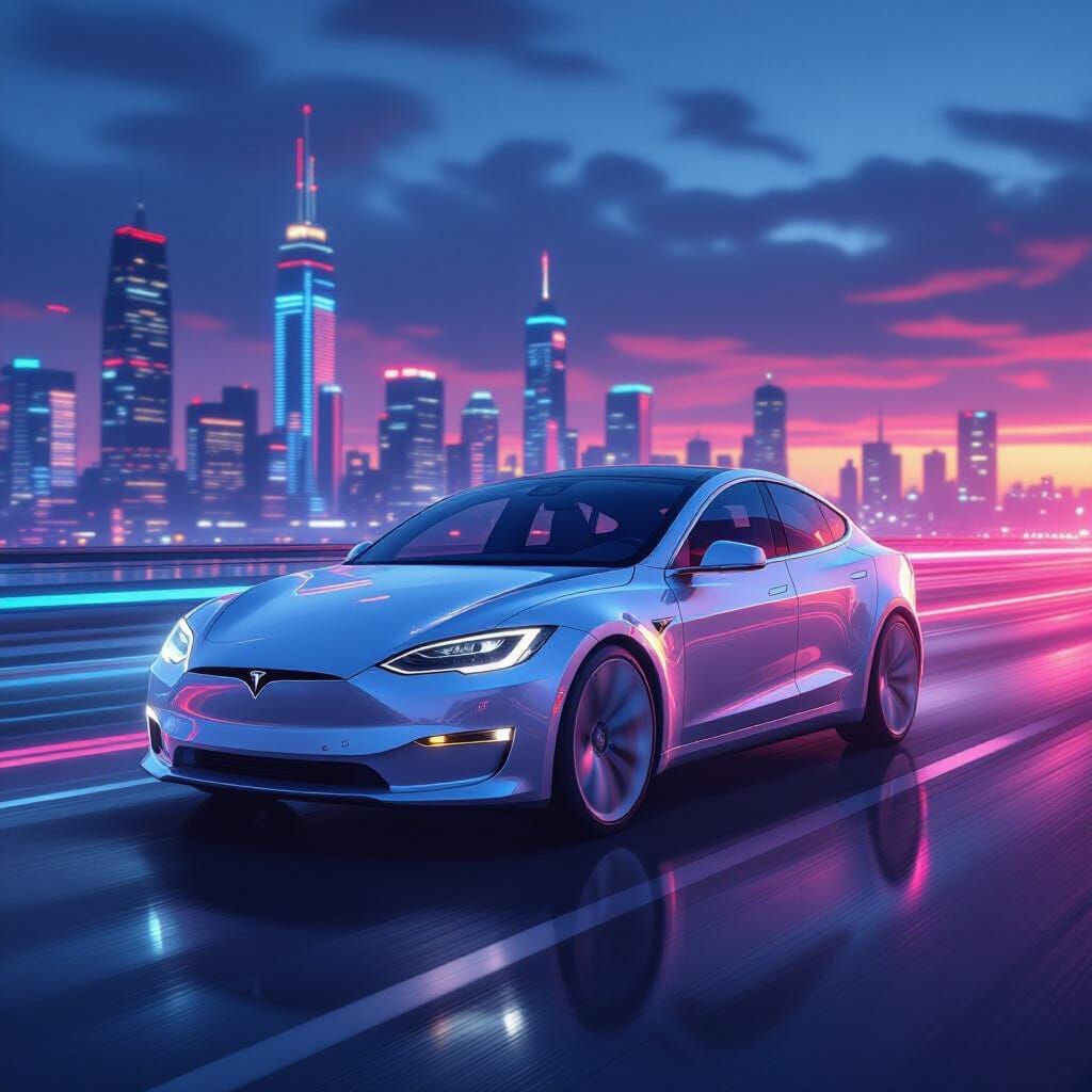 Futuristic Tesla on Neon Highway, Cyberpunk Style