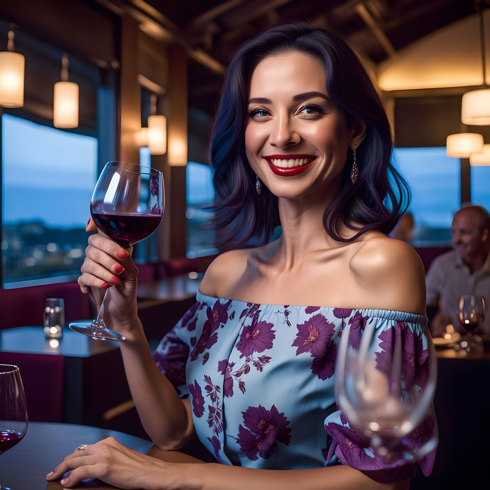 Woman Enjoying Wine in Restaurant Ambiance