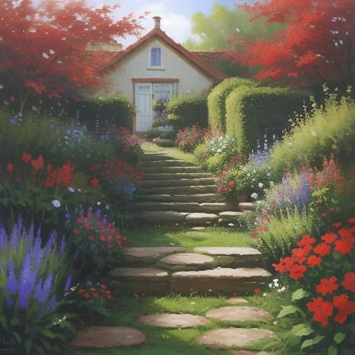 Red Azalea Cottage Garden Path as Oil Painting