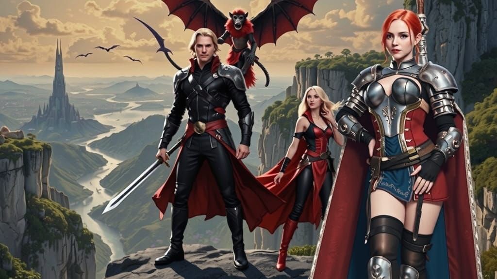 Epic Fantasy Battle Scene with Warrior, Sorceress, and Flyin...