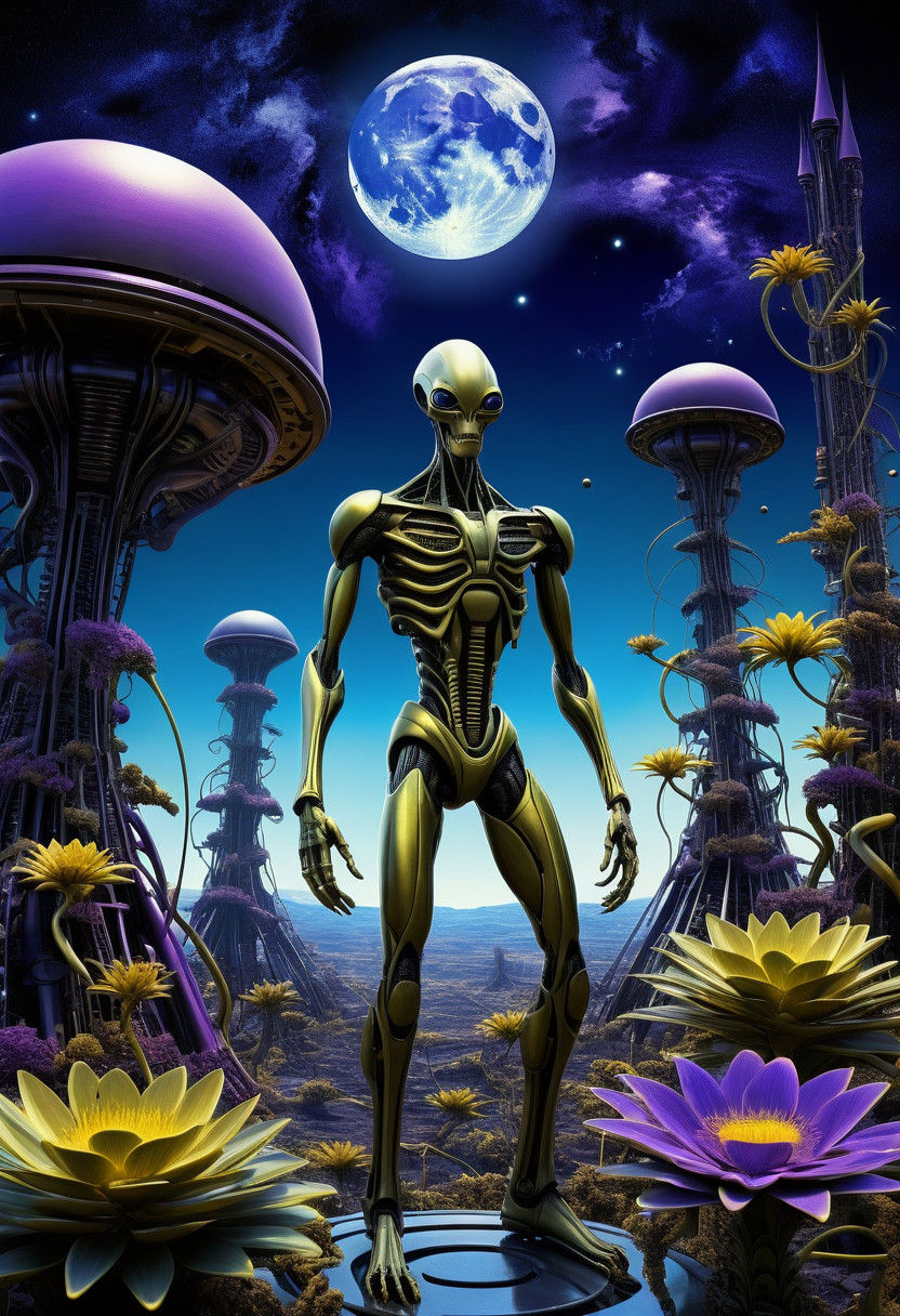 Surrealist Sci-Fi Masterpiece at Dusk with Alien Figures and...