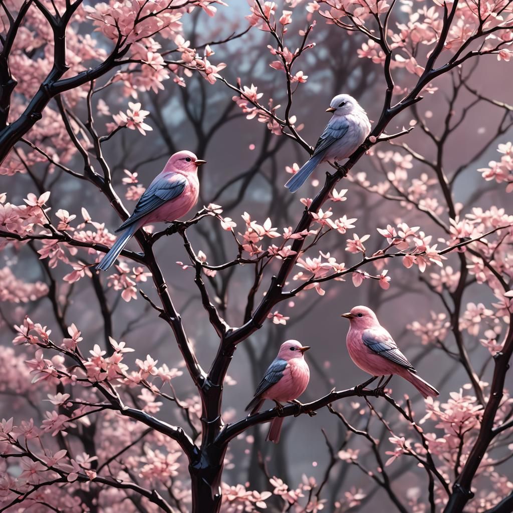Glass Birds Serenade on Pink Trees: Anime Art