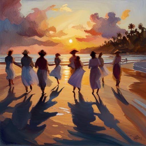 lots of  people with flowy clothes dancing on a beach at sunset