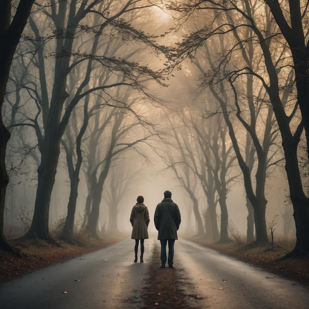 Contemplative Figure Amidst Misty Trees