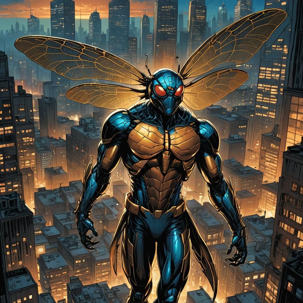 Dragonfly Supervillain in Gritty Cityscape Comic Art