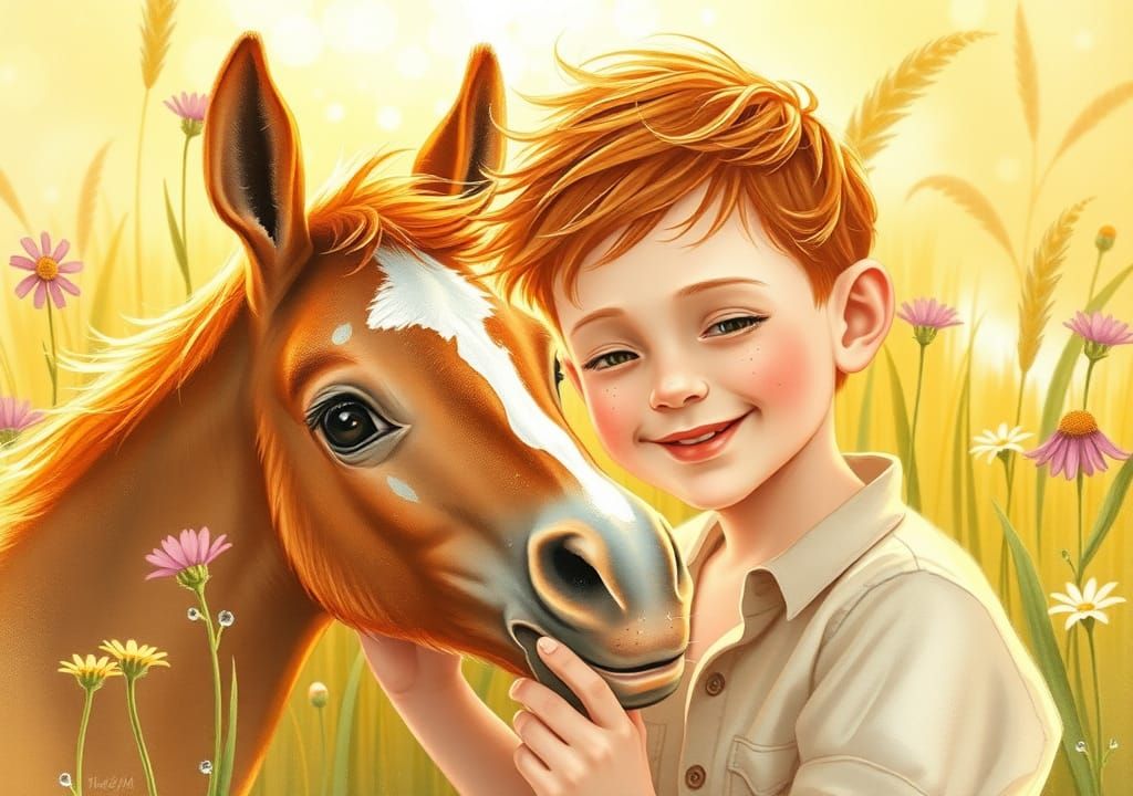 Boy Feeds Foal in Whimsical Watercolor Meadow