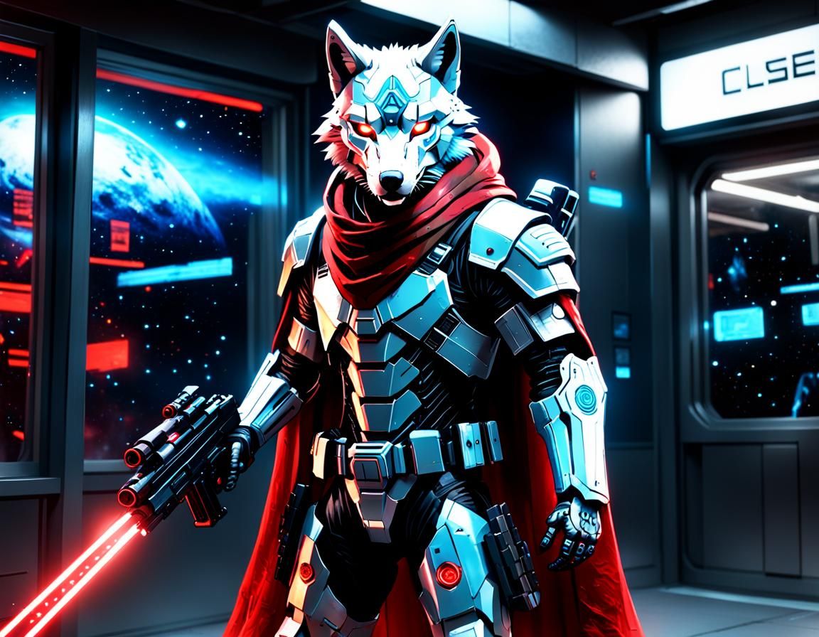 Bioluminescent Cybernetic Wolf Assassin in Space Station