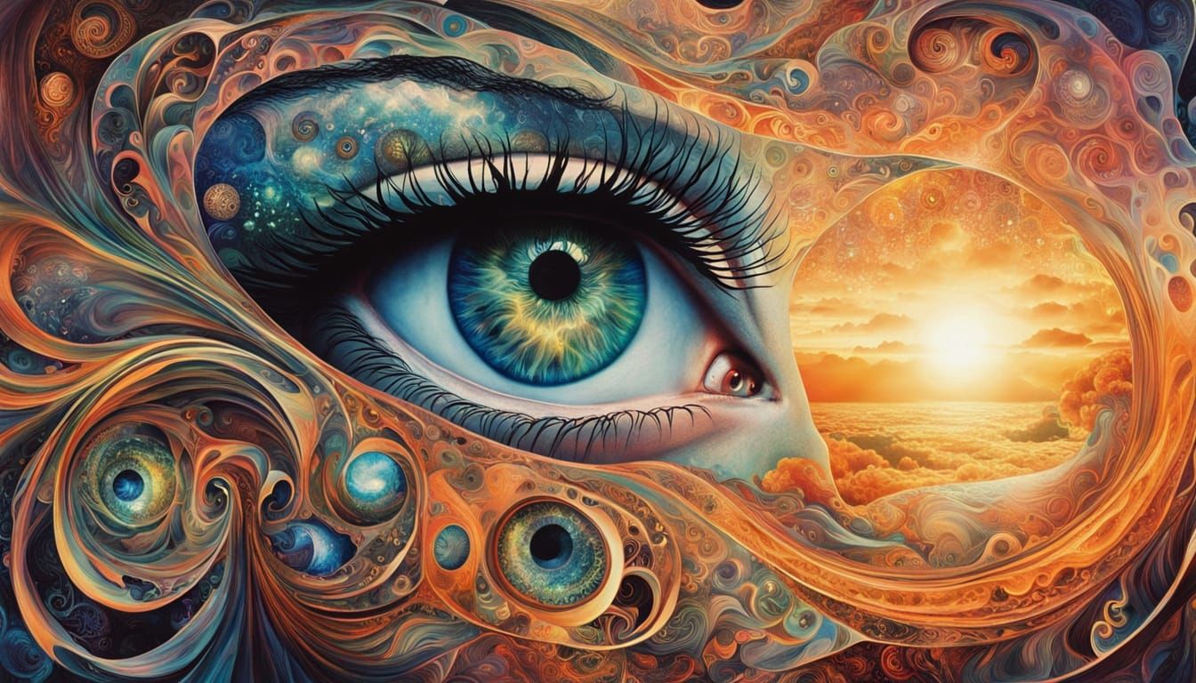 Surreal Cosmic Portrait with Ethereal Creatures and Nature