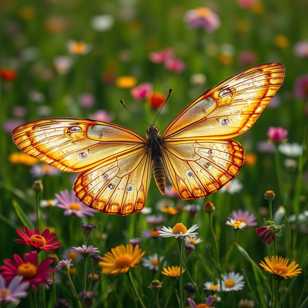 Vibrant Butterfly Soars Among Flowers in a Lush Field