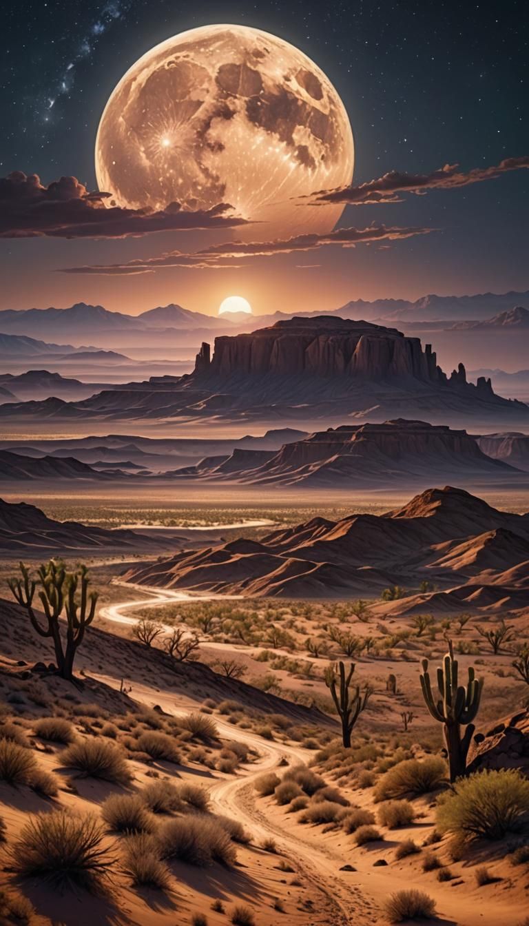 Old West Desert Landscape Under Full Moon