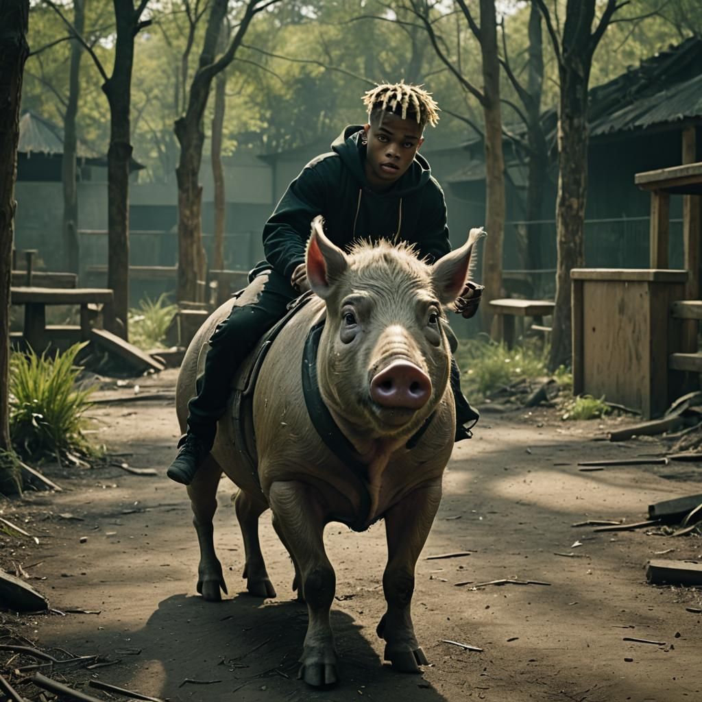 Figure Rides Pig in Abandoned Zoo: Cinematic Still