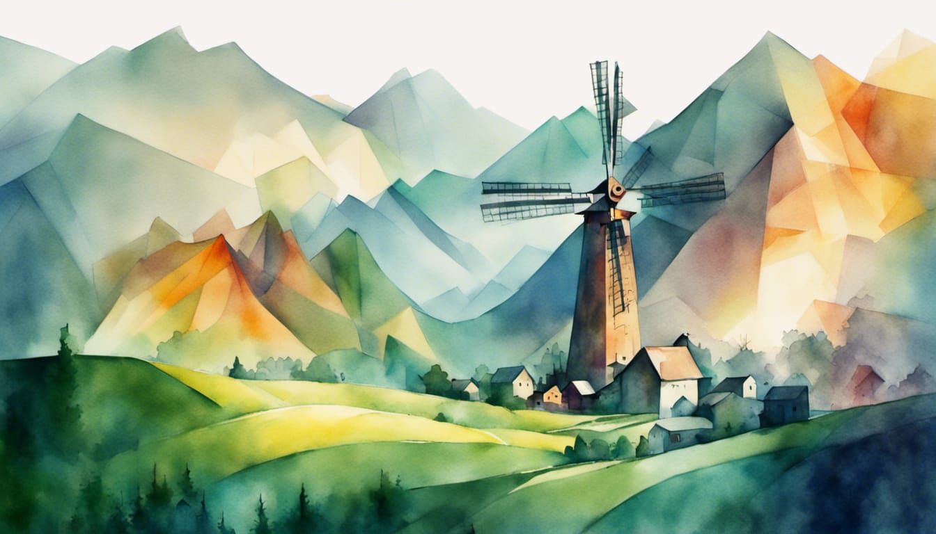 Psychedelic Windmill Cityscape in Miró Style