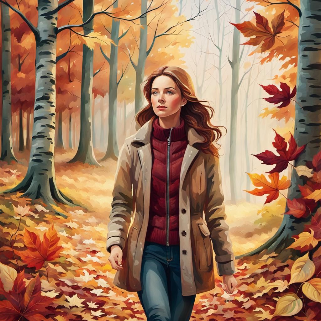 Autumnal Forest Scene in Watercolor Style